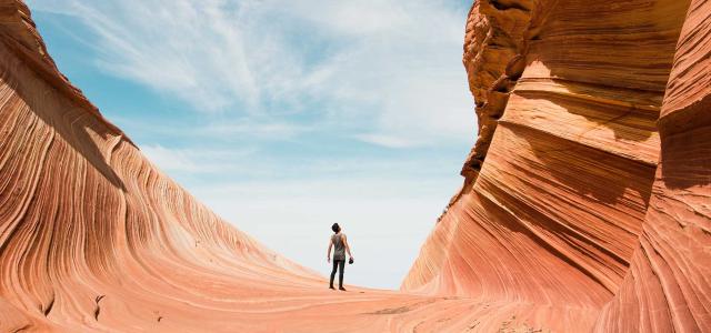 Man hiking in desert.
